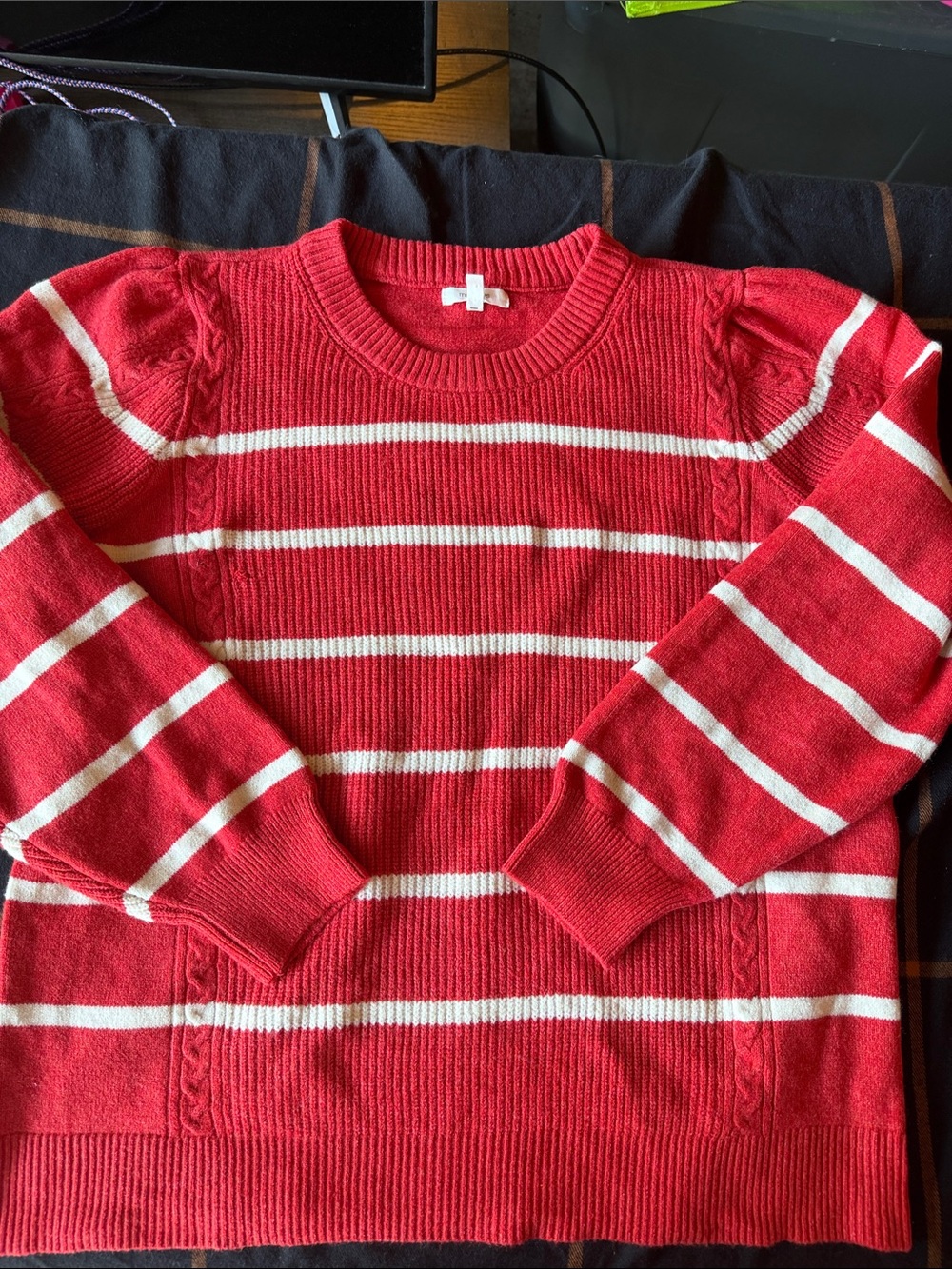 Women's Red & White Striped Crewneck Sweater